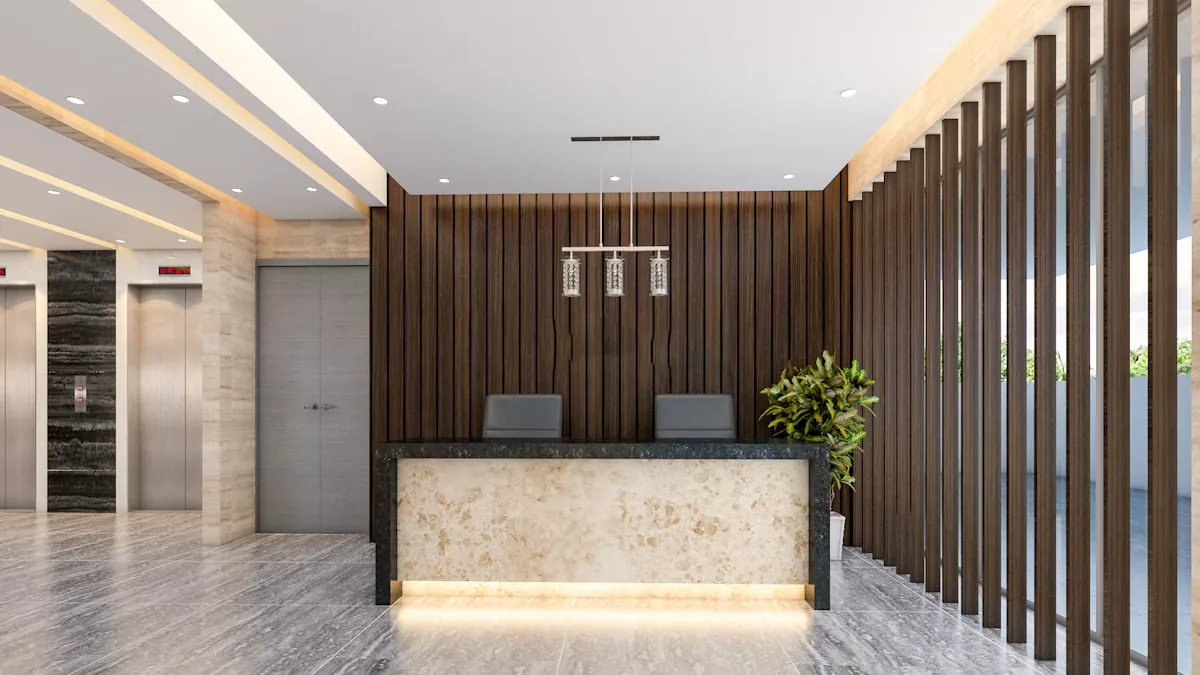 A modern office lobby with a reception desk